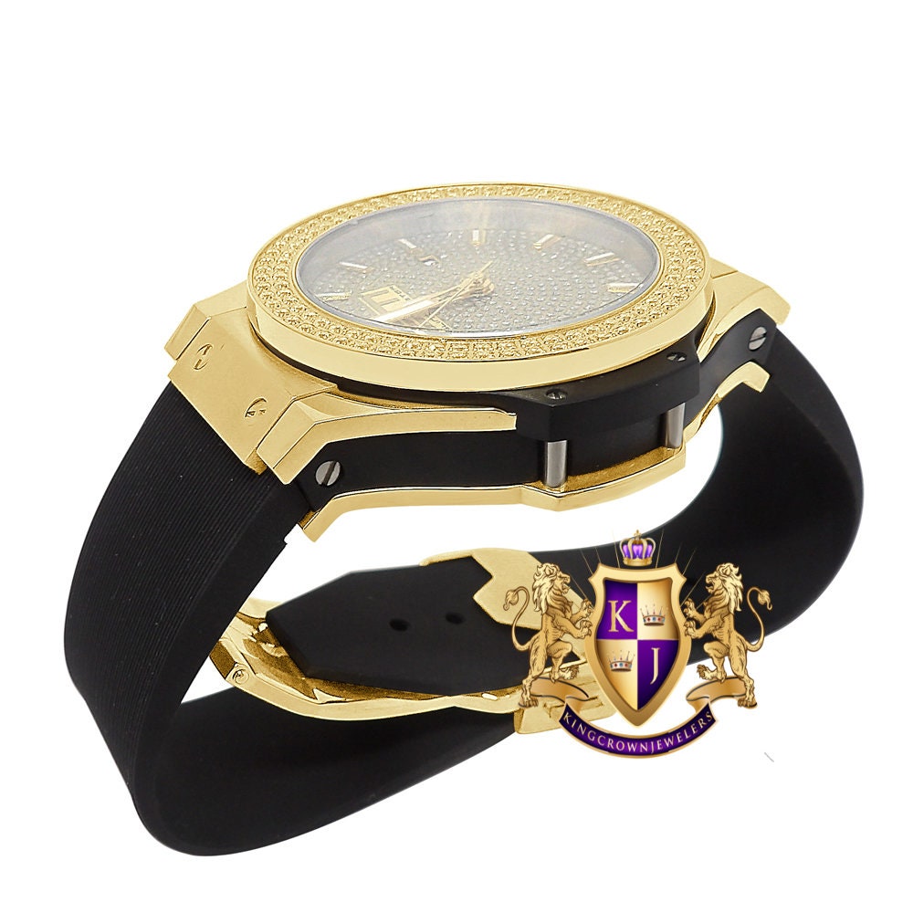 Men's Solid Stainless Steel 2 Row Bezel Simulated Diamond 18K Gold Finish 40mm