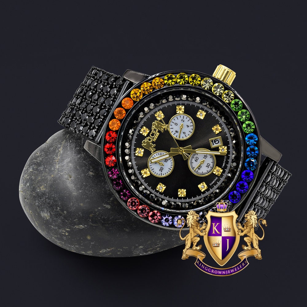 Rainbow Multi Tone Solitaire Exclusive Custom Time Piece Black Gold Finish Simulated Diamond Men's Luxury Watch XL W/Date