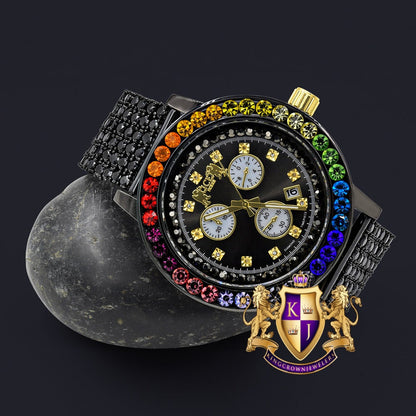 Rainbow Multi Tone Solitaire Exclusive Custom Time Piece Black Gold Finish Simulated Diamond Men's Luxury Watch XL W/Date