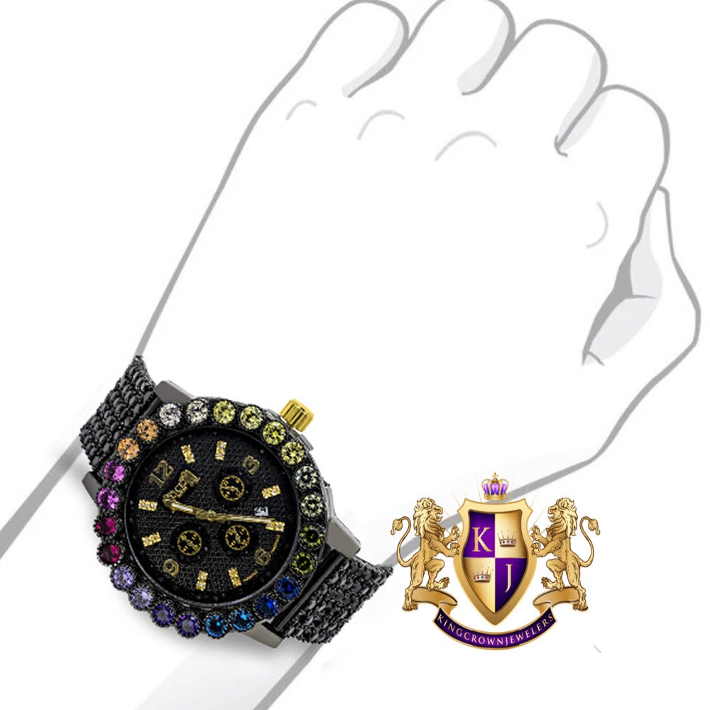 Mens Rainbow Multi Tone Prong Set Exclusive Custom Time Piece Black Gold Finish Simulated Diamond Luxury Watch XL W/Date