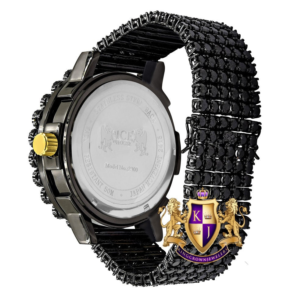 Mens Rainbow Multi Tone Prong Set Exclusive Custom Time Piece Black Gold Finish Simulated Diamond Luxury Watch XL W/Date