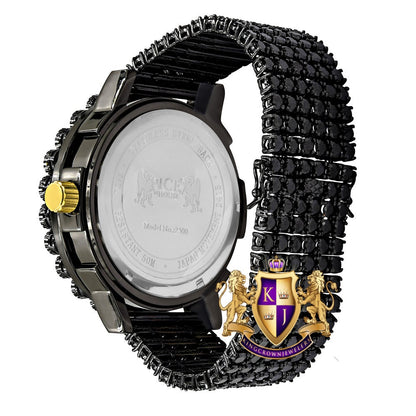Mens Rainbow Multi Tone Prong Set Exclusive Custom Time Piece Black Gold Finish Simulated Diamond Luxury Watch XL W/Date