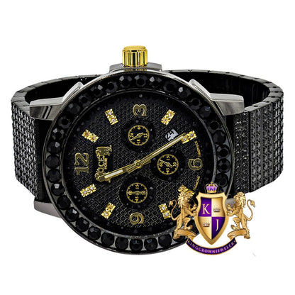 Full Solid Stainless Steel 18K Black Gold Finish Copper Tone Simulated Diamond 5 ATM Water Resistant Men's Watch With Date Function 54 mm