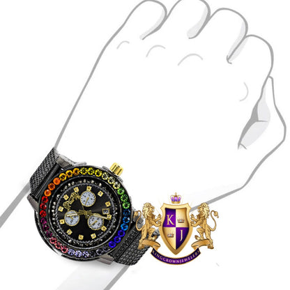 Full Stainless Steel Rainbow Multi Tone Simulated Diamond Dial 18K Black Gold Finish XL 55mm Custom Watch W/Date