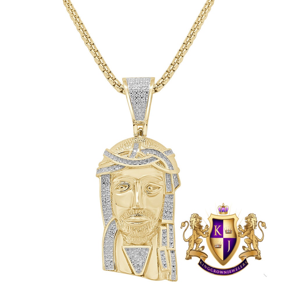 Real Genuine Diamond 0.25 Cwt. Jesus Face Piece Pendent Charm Chain Set 10K Gold Over Unisex
