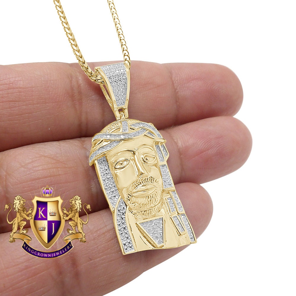 Real Genuine Diamond 0.25 Cwt. Jesus Face Piece Pendent Charm Chain Set 10K Gold Over Unisex