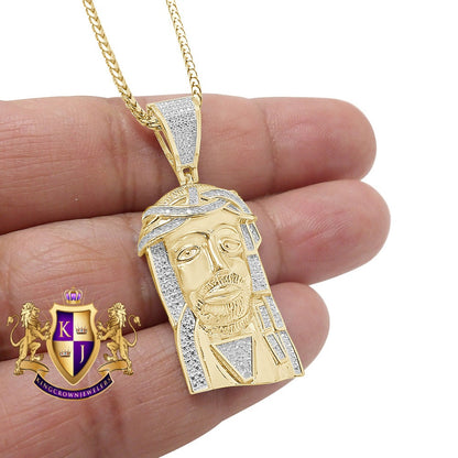 Real Genuine Diamond 0.25 Cwt. Jesus Face Piece Pendent Charm Chain Set 10K Gold Over Unisex