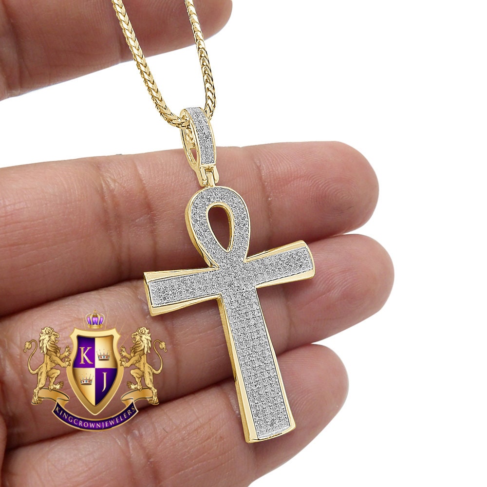 Real Genuine Diamond 0.78 Cwt. Egyptian Ankh Cross Piece Pendent Charm Chain Set 10K Gold Finish 2''