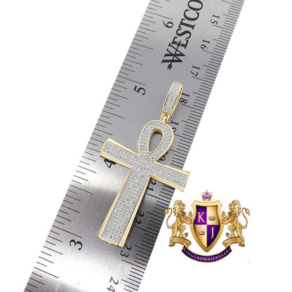 Real Genuine Diamond 0.78 Cwt. Egyptian Ankh Cross Piece Pendent Charm Chain Set 10K Gold Finish 2''