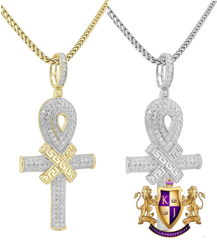 Genuine Real Authentic Diamond 0.75 Cwt. Egyptian Ankh Cross Piece Unisex Pendant Charm Chain Neckless Set 10K Solid Gold Finish 10+ Grams