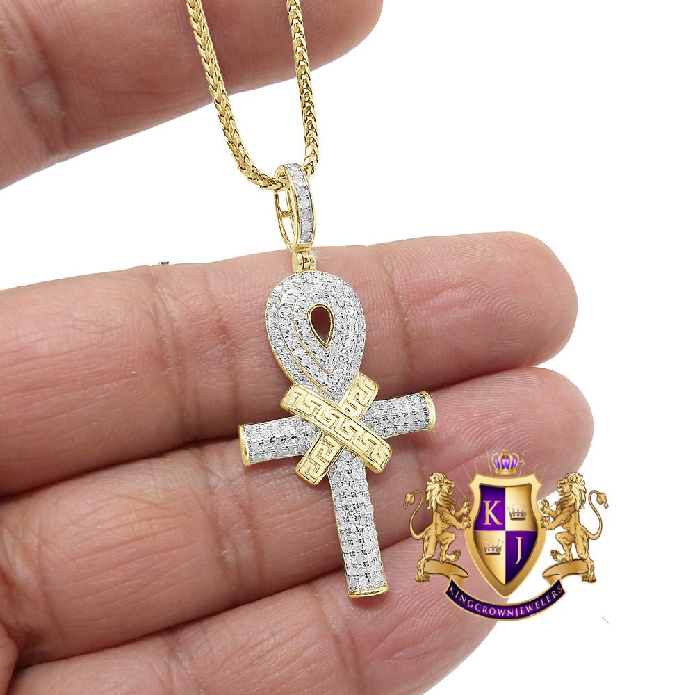Genuine Real Authentic Diamond 0.75 Cwt. Egyptian Ankh Cross Piece Unisex Pendant Charm Chain Neckless Set 10K Solid Gold Finish 10+ Grams