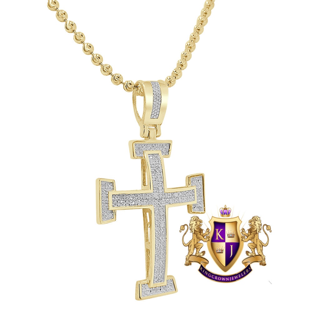 Real Genuine Authentic Diamond 0.33 Cwt. 10K Gold Over Jesus Holy Cross Piece Mini Pendant Unisex Religious Charm Chain Neckless Set 1.5''
