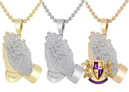 Real Genuine Authentic Diamond 0.33 Cwt. 10K Gold Over Praying Hands Religious Charm Pendent Chain Set