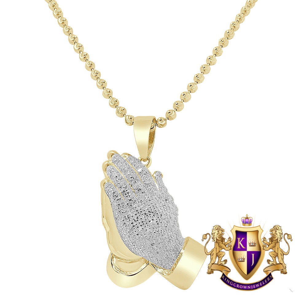 Real Genuine Authentic Diamond 0.33 Cwt. 10K Gold Over Praying Hands Religious Charm Pendent Chain Set