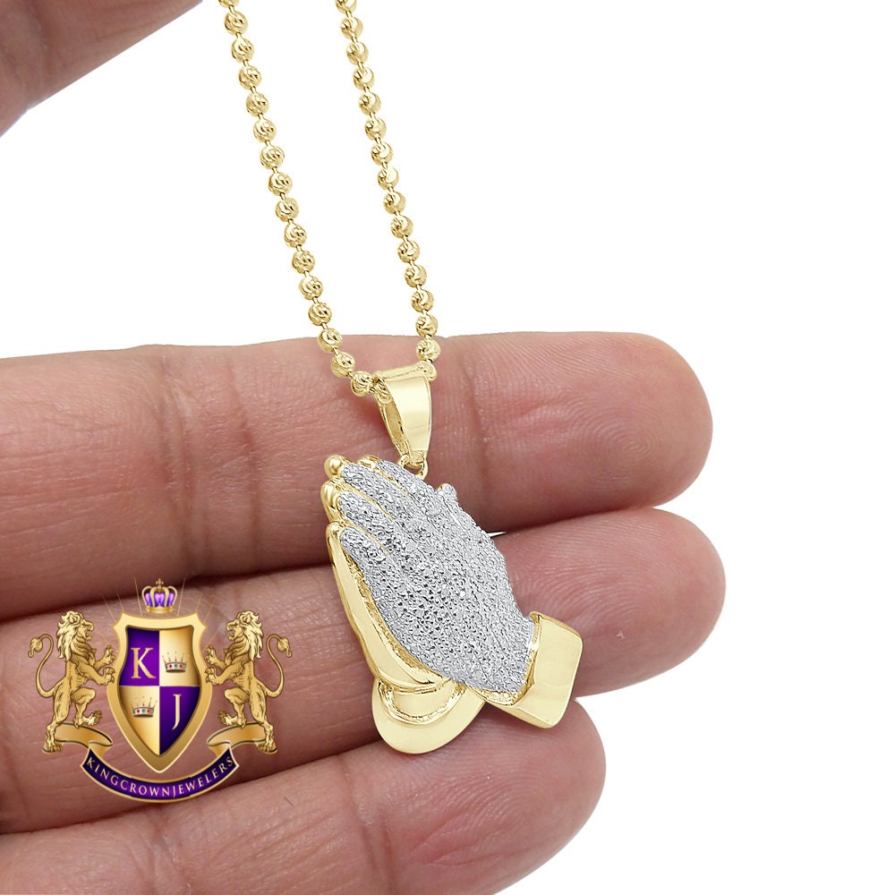 Real Genuine Authentic Diamond 0.33 Cwt. 10K Gold Over Praying Hands Religious Charm Pendent Chain Set