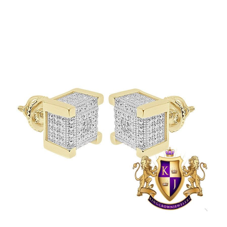 Real Genuine Diamonds 10K Gold Over Bling Square Cube Custom Screw Back Earrings Stud Small 6mm