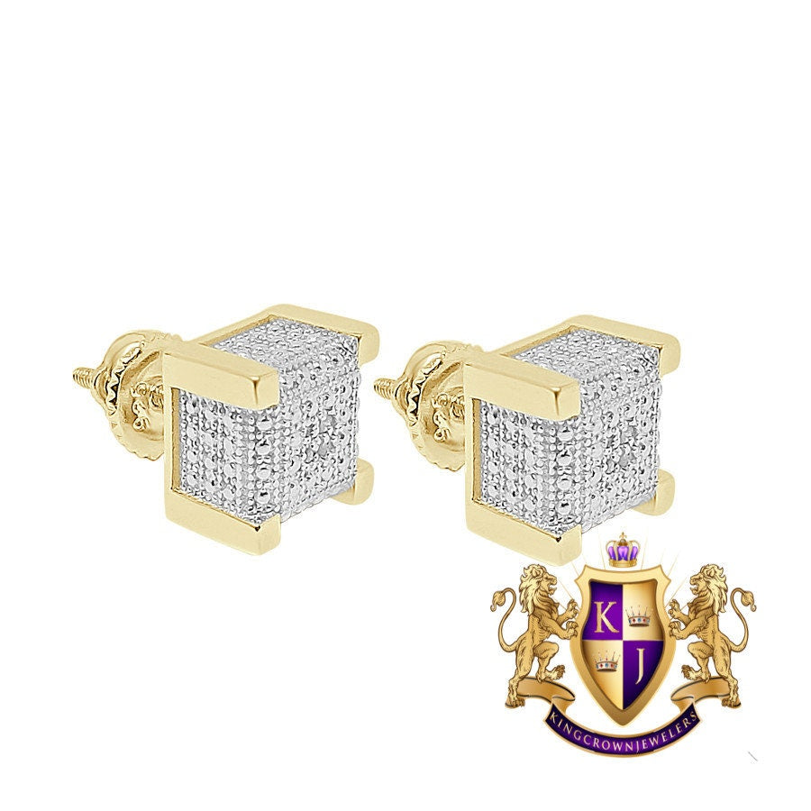 Real Genuine Diamonds 10K Gold Over Bling Square Cube Custom Screw Back Earrings Stud Small 6mm