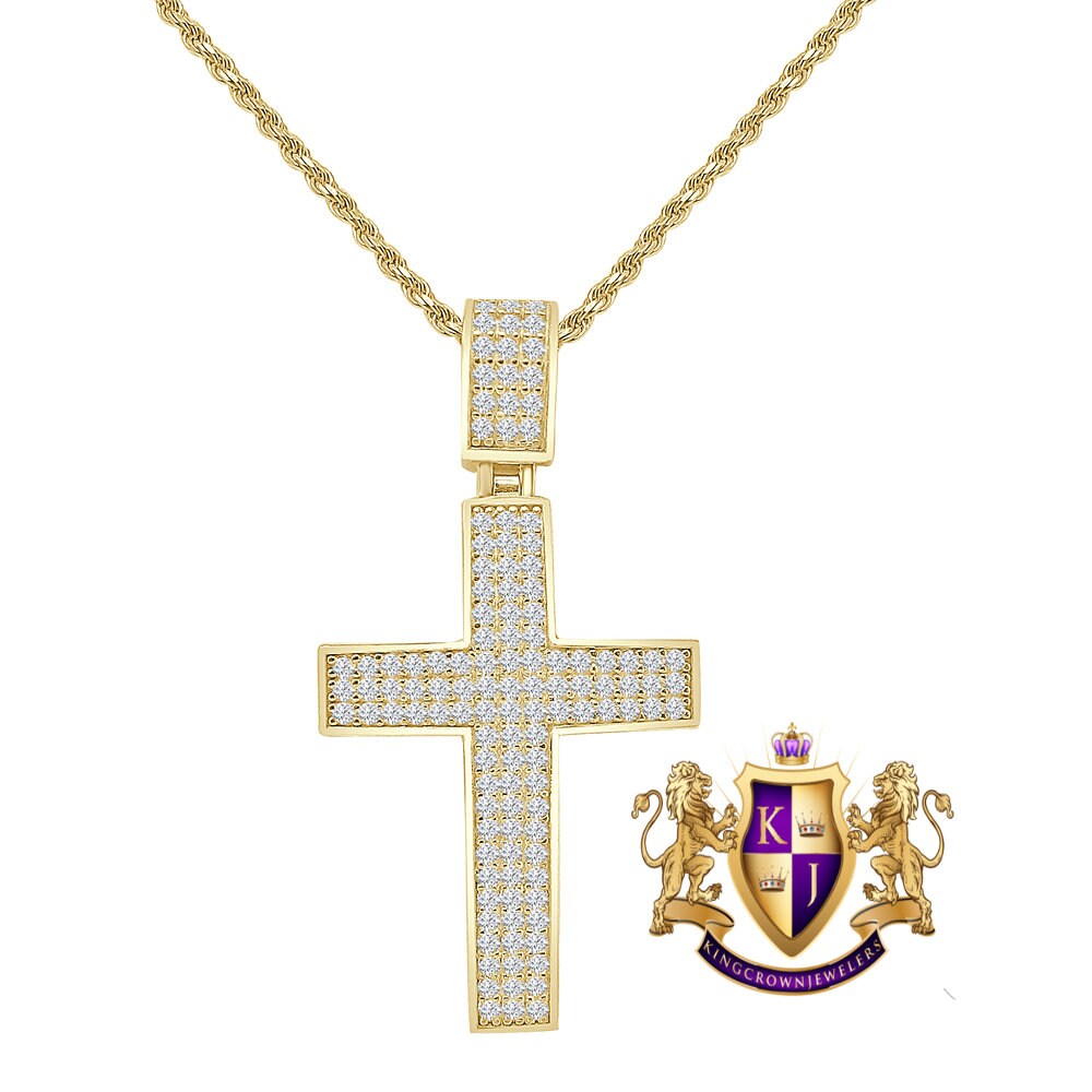 10K Real Authentic Yellow Gold Holy Jesus Cross Pendent 2'' Simulated Diamond Charm 6.5 + Grams Free Chain