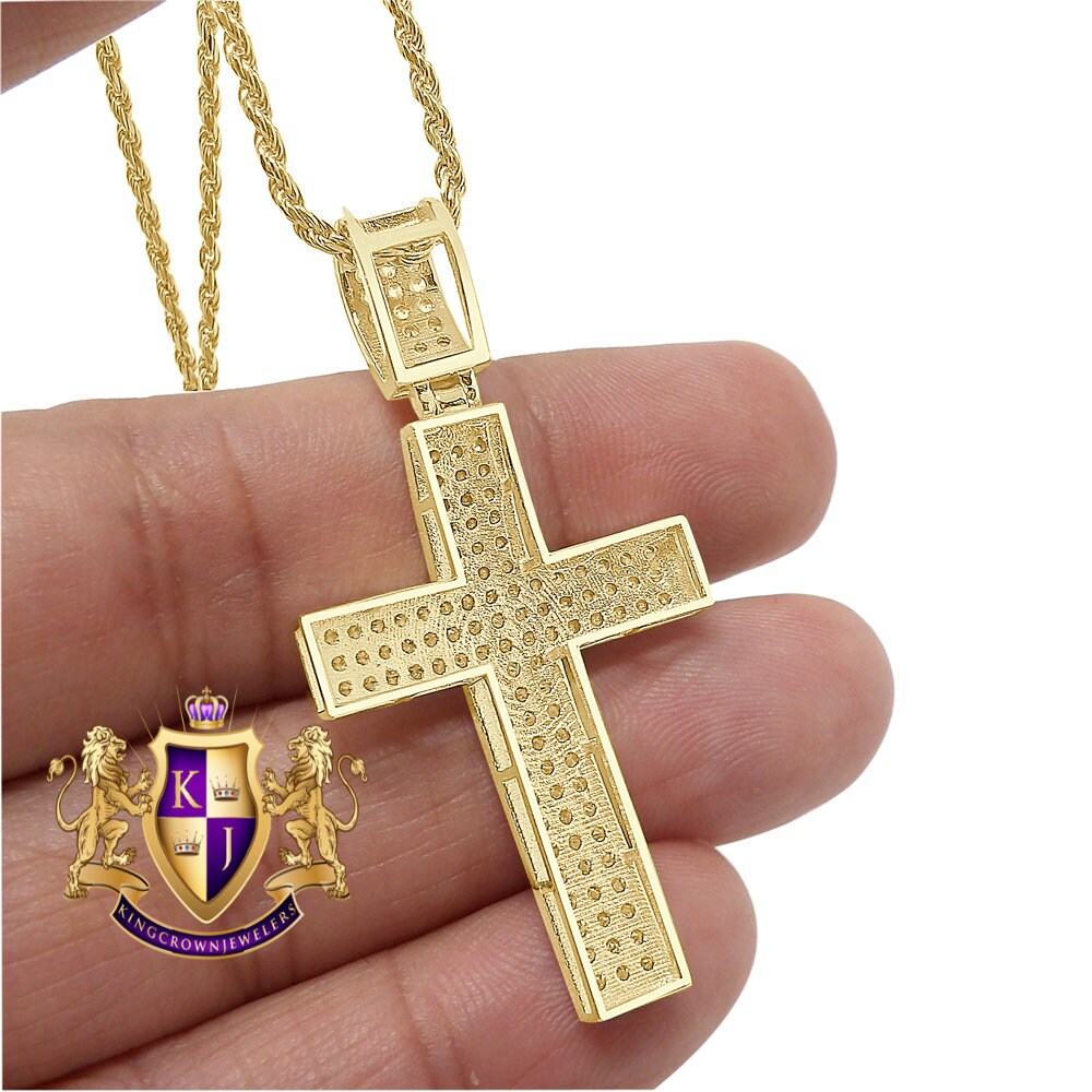 10K Real Authentic Yellow Gold Holy Jesus Cross Pendent 2'' Simulated Diamond Charm 6.5 + Grams Free Chain
