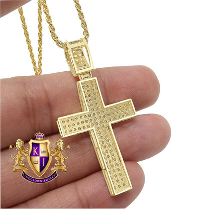 10K Real Authentic Yellow Gold Holy Jesus Cross Pendent 2'' Simulated Diamond Charm 6.5 + Grams Free Chain