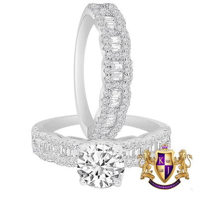 Real Sterling Silver 14K White Gold Over Simulated Diamond 2 Piece Ladies Women's Wedding Engagement Bridal Rings Band Set