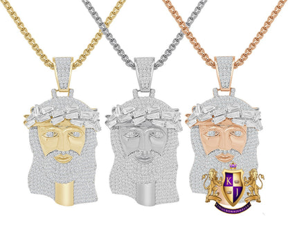 Baguette Real Genuine Sterling Silver Simulate Diamond 10K Gold Over Jesus Christ Face Piece Charm Religious Pendent 1.80''