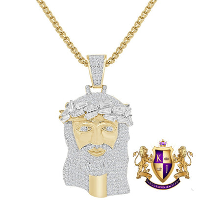 Baguette Real Genuine Sterling Silver Simulate Diamond 10K Gold Over Jesus Christ Face Piece Charm Religious Pendent 1.80''