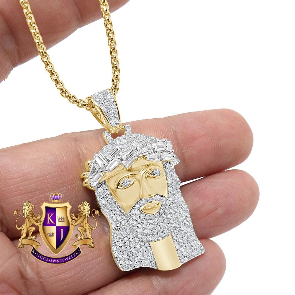 Baguette Real Genuine Sterling Silver Simulate Diamond 10K Gold Over Jesus Christ Face Piece Charm Religious Pendent 1.80''