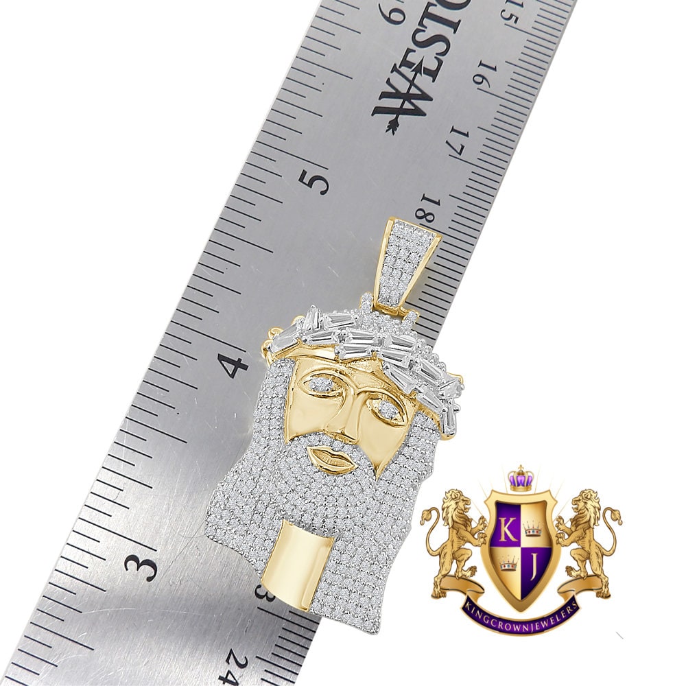 Baguette Real Genuine Sterling Silver Simulate Diamond 10K Gold Over Jesus Christ Face Piece Charm Religious Pendent 1.80''