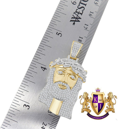Baguette Real Genuine Sterling Silver Simulate Diamond 10K Gold Over Jesus Christ Face Piece Charm Religious Pendent 1.80''