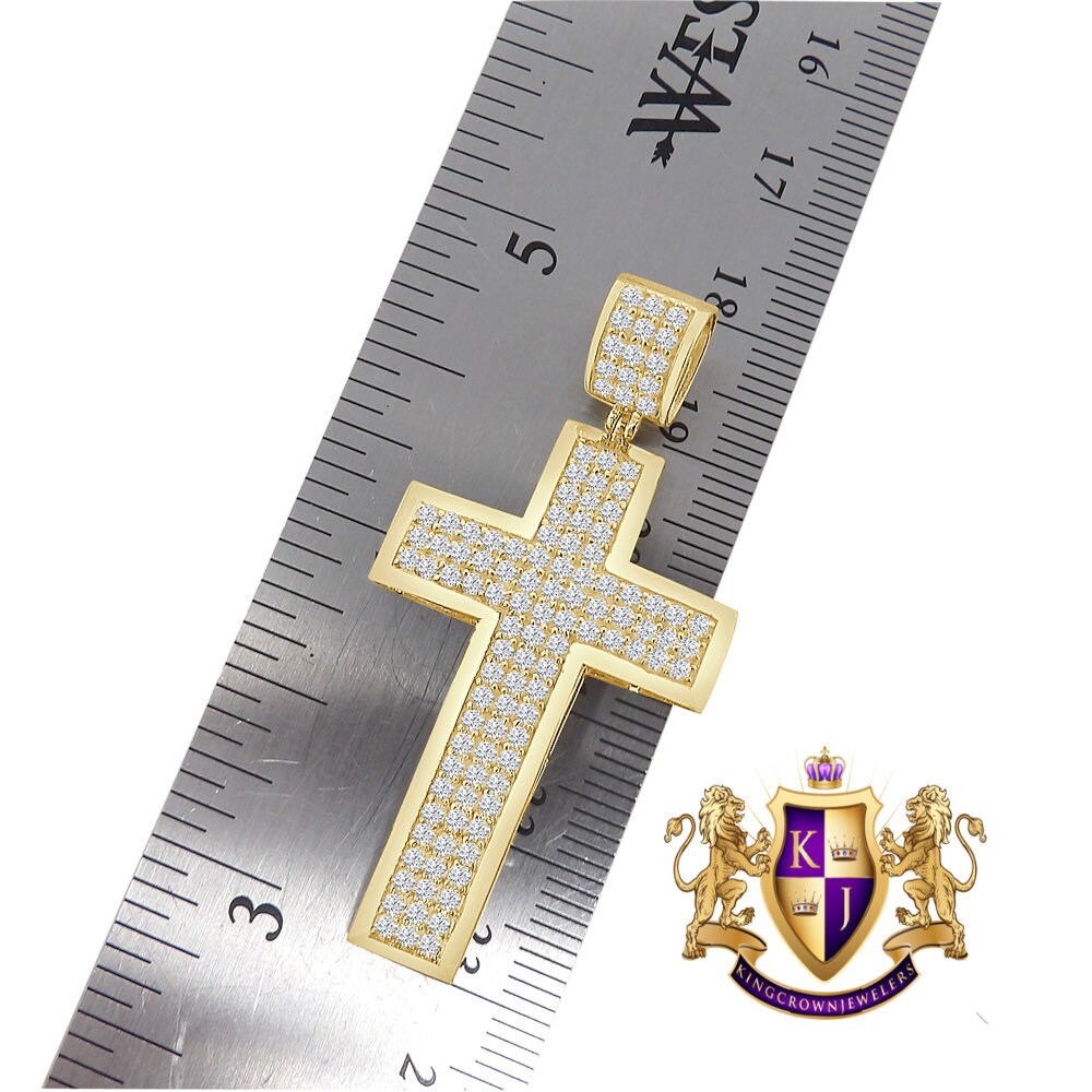 Real 10K Authentic Yellow Gold Holy Jesus Cross Pendent 2'' Simulated Diamond Charm 5.1 + Grams Free Chain
