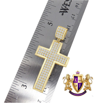 Real 10K Authentic Yellow Gold Holy Jesus Cross Pendent 2'' Simulated Diamond Charm 5.1 + Grams Free Chain