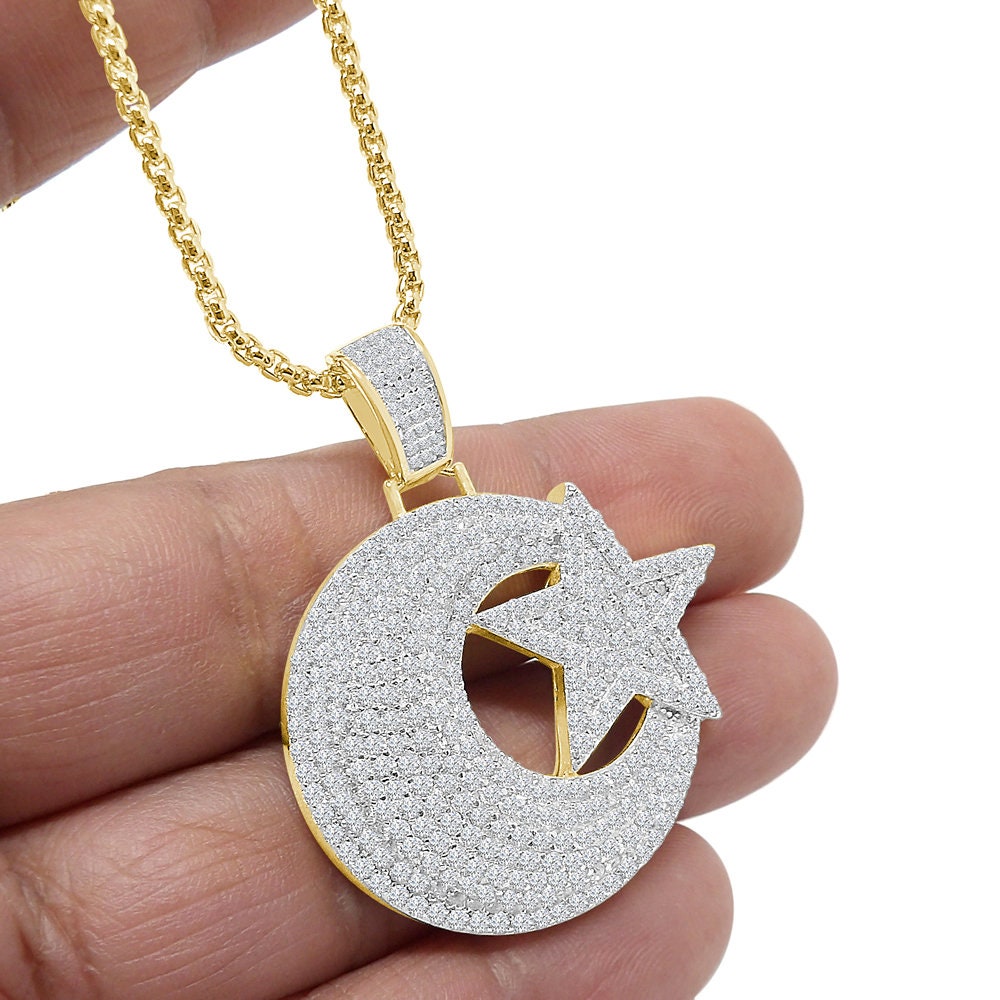 20+ Grams 3D Genuine Sterling Silver Allah Muslim Islamic Crescent Moon and Star Charm 2.00 Cwt. Simulated Diamond Pendant Chain Neckless