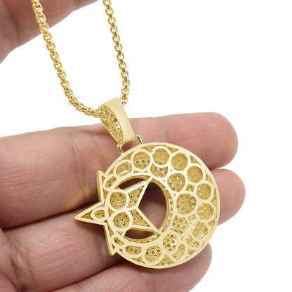 20+ Grams 3D Genuine Sterling Silver Allah Muslim Islamic Crescent Moon and Star Charm 2.00 Cwt. Simulated Diamond Pendant Chain Neckless