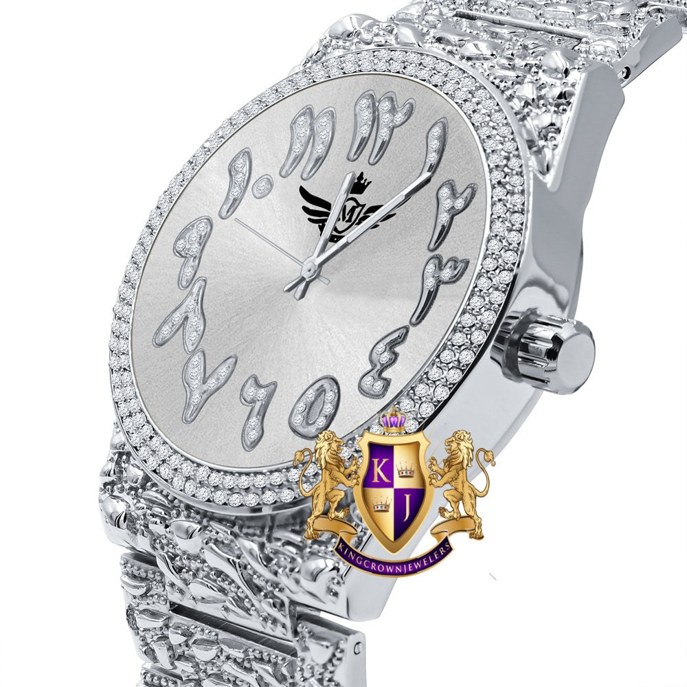 Arabic Numeral Dial White Gold Tone Simulated Diamond Nugget Style Men's Steel Watch 44mm