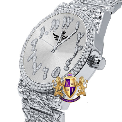 Arabic Numeral Dial White Gold Tone Simulated Diamond Nugget Style Men's Steel Watch 44mm