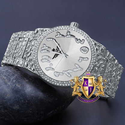 Arabic Numeral Dial White Gold Tone Simulated Diamond Nugget Style Men's Steel Watch 44mm