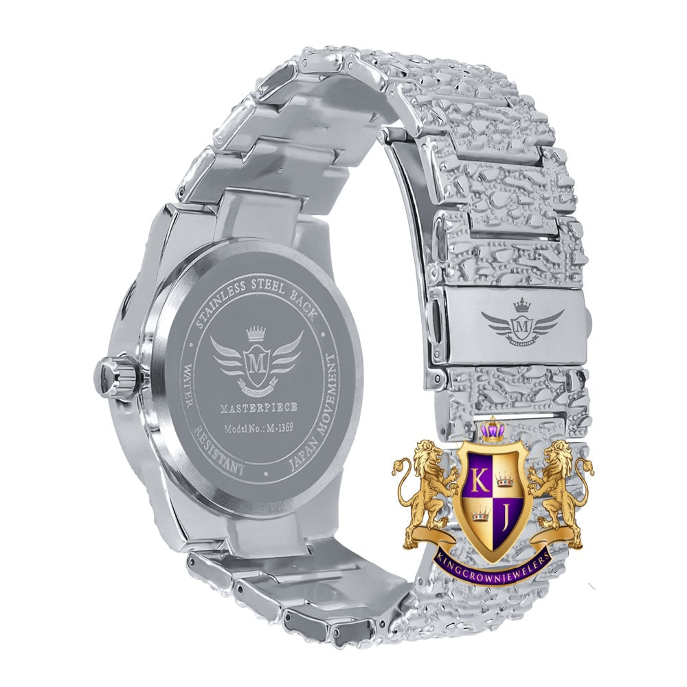 Arabic Numeral Dial White Gold Tone Simulated Diamond Nugget Style Men's Steel Watch 44mm
