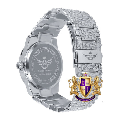 Arabic Numeral Dial White Gold Tone Simulated Diamond Nugget Style Men's Steel Watch 44mm