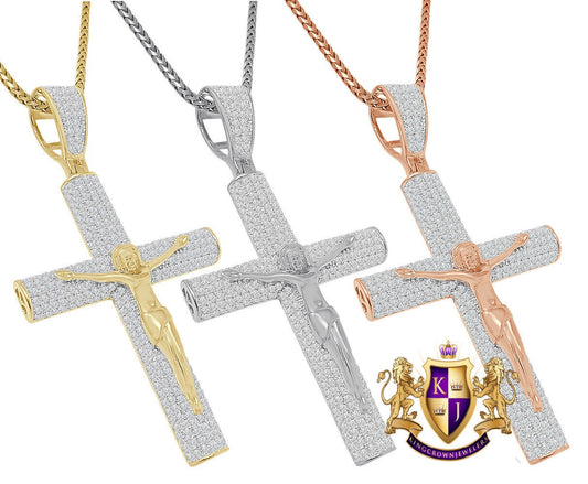 Real Italian Sterling Silver Simulate Diamond 10K Gold Over Jesus Christ Crucifix Cross Piece 3D Charm Religious Pendent 2.25''