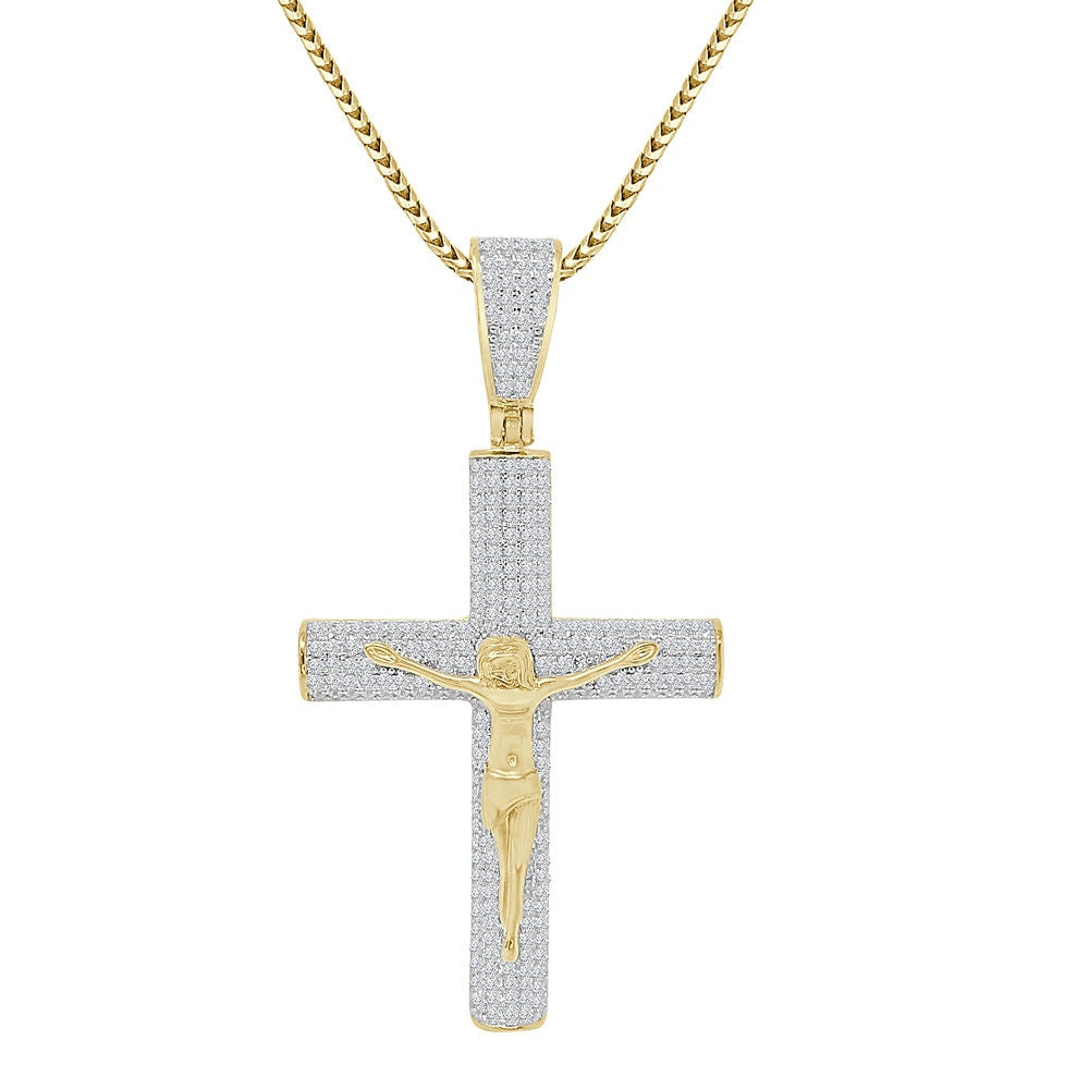 Real Italian Sterling Silver Simulate Diamond 10K Gold Over Jesus Christ Crucifix Cross Piece 3D Charm Religious Pendent 2.25''