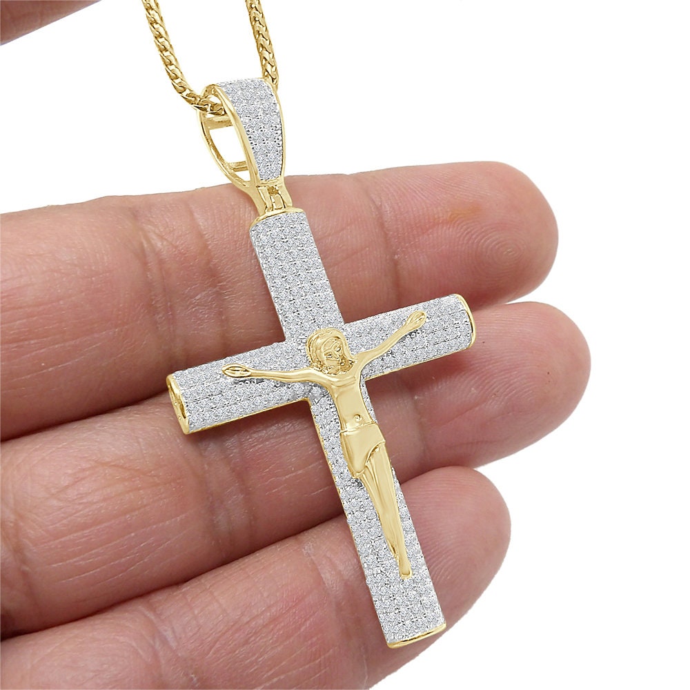 Real Italian Sterling Silver Simulate Diamond 10K Gold Over Jesus Christ Crucifix Cross Piece 3D Charm Religious Pendent 2.25''