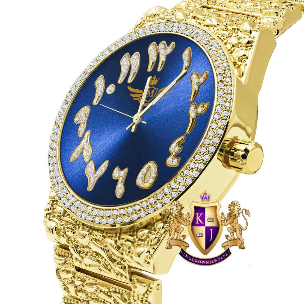 Blue Emerald Face Arabic Numeral Dial Yellow Gold Tone Simulated Diamond Nugget Style Men's Steel Watch 44mm