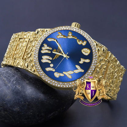 Blue Emerald Face Arabic Numeral Dial Yellow Gold Tone Simulated Diamond Nugget Style Men's Steel Watch 44mm