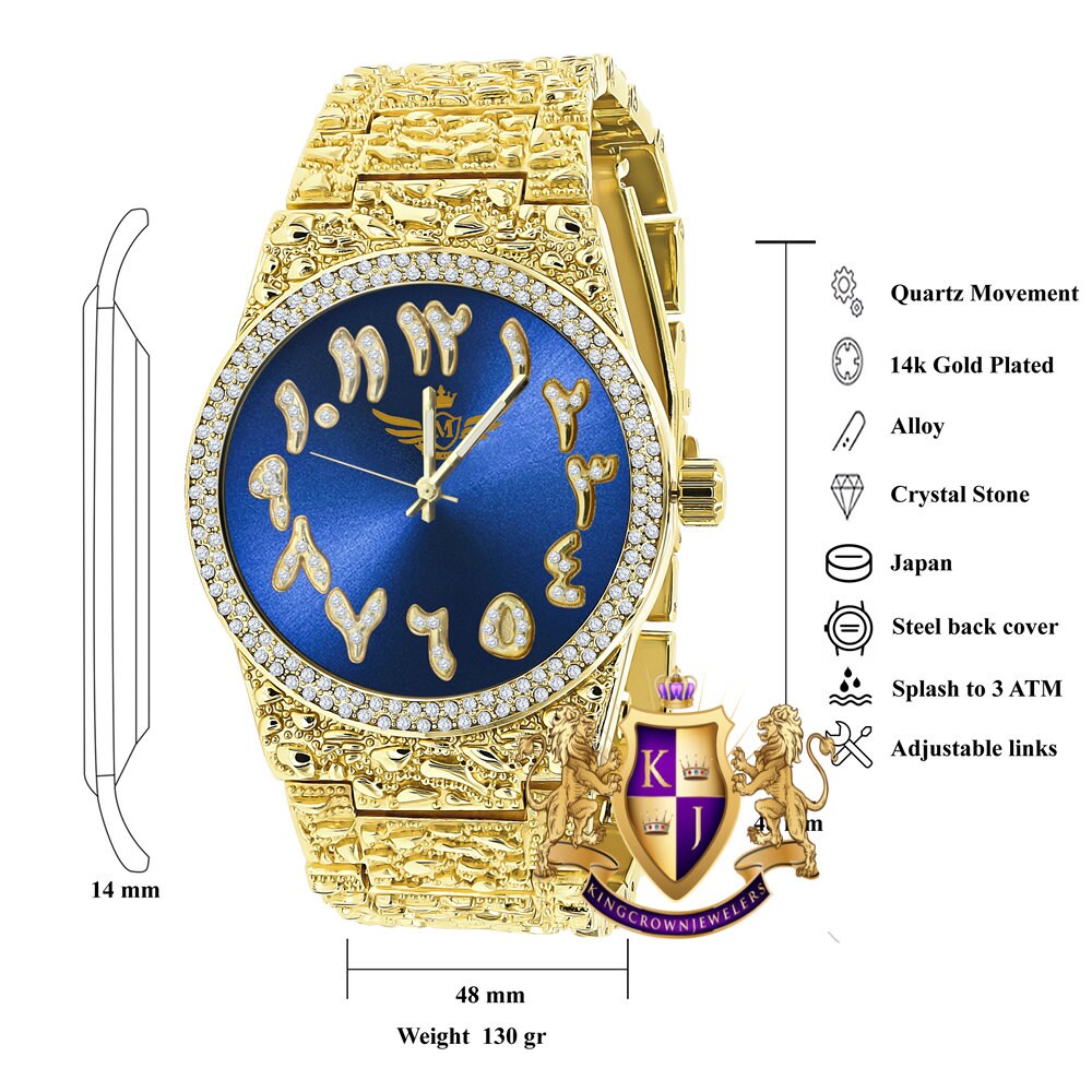 Blue Emerald Face Arabic Numeral Dial Yellow Gold Tone Simulated Diamond Nugget Style Men's Steel Watch 44mm