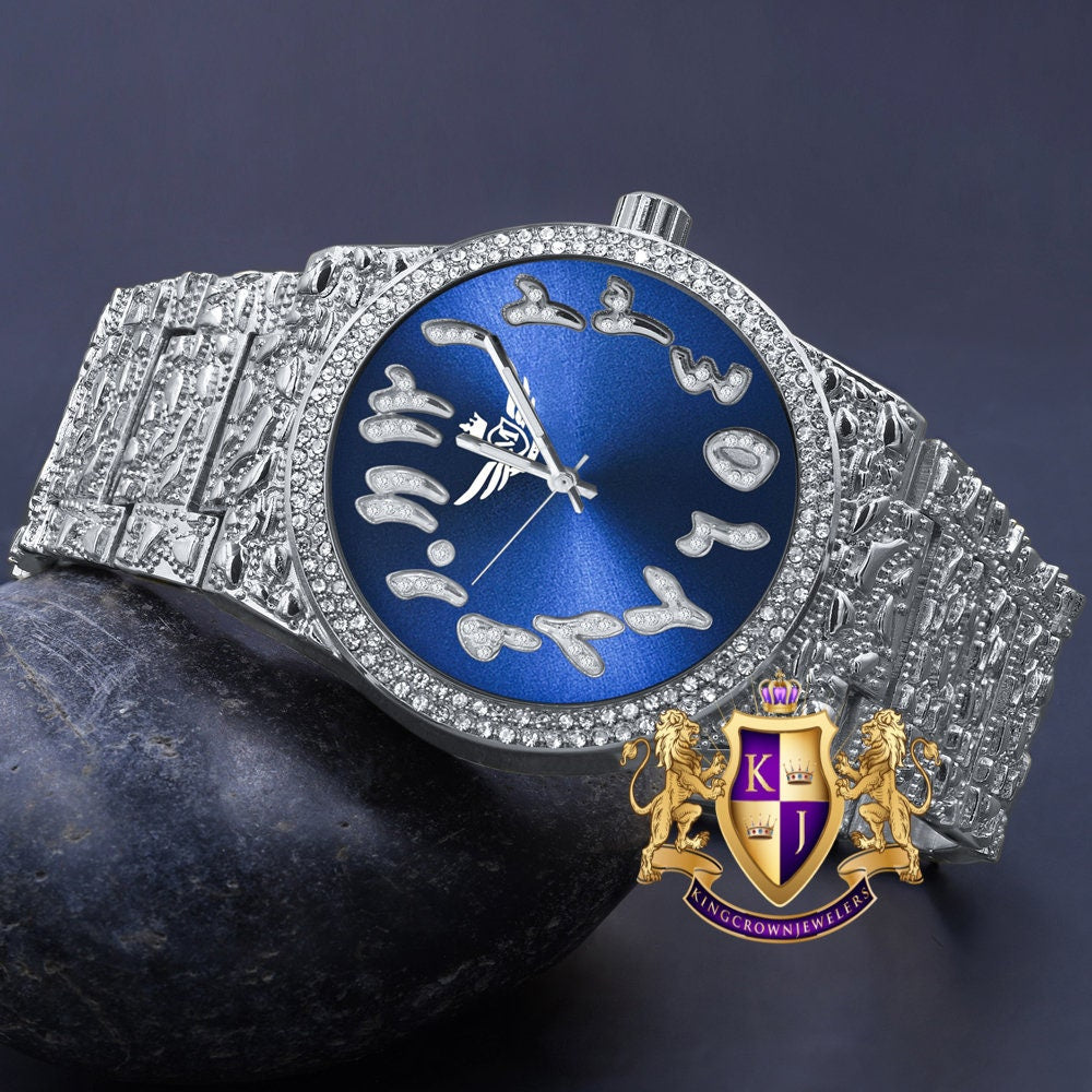 Sapphire Blue Dial Arabic Numeral Face White Gold Tone Simulated Diamond Nugget Style Men's Steel Watch 44mm