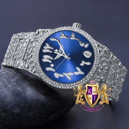 Sapphire Blue Dial Arabic Numeral Face White Gold Tone Simulated Diamond Nugget Style Men's Steel Watch 44mm