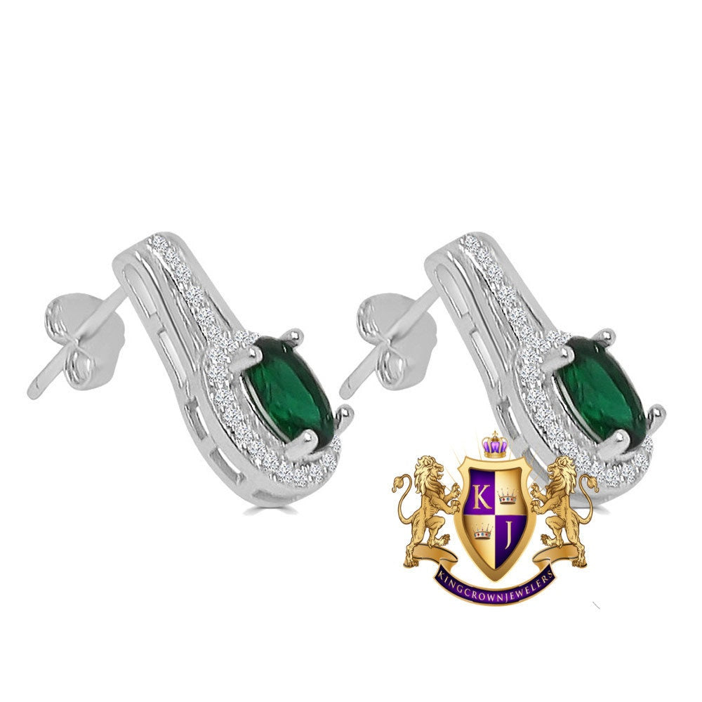 Emerald Green Real Sterling Silver 10K White Gold Over Pendent Charm Chain Neckless Earrings Ring 3 Piece Combo Set