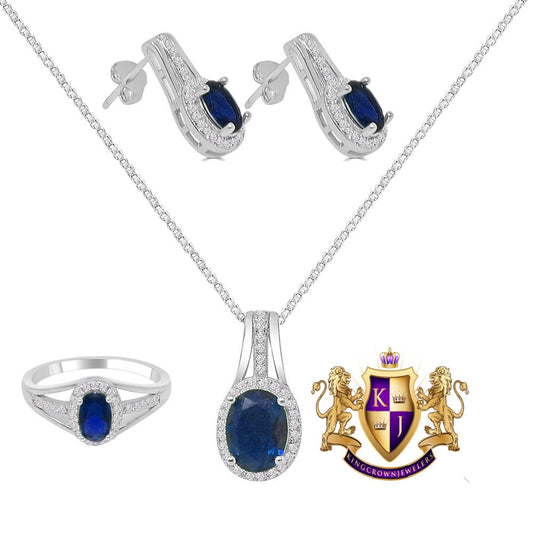 Sapphire Blue Real Sterling Silver 10K White Gold Over Pendent Charm Chain Neckless Earrings Ring 3 Piece Combo Set