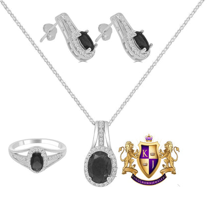 Black Onyx Real Sterling Silver 10K White Gold Over Pendent Charm Chain Neckless Earrings Ring 3 Piece Combo Set